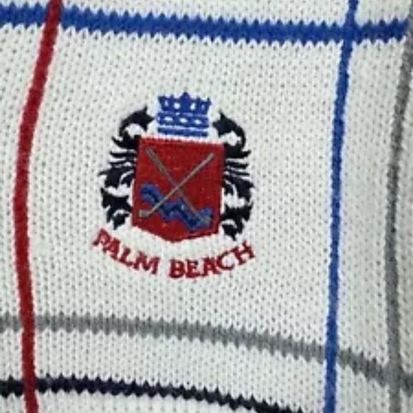 Vintage 80s 90s Antigua Size Medium V-Neck Sweater Plaid Palm Beach Crest Tennis - Picture 5 of 7